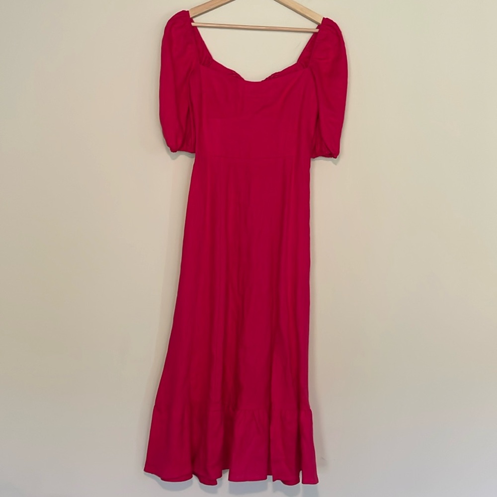 Reformation Fuchsia Puff-Sleeve Midi Dress